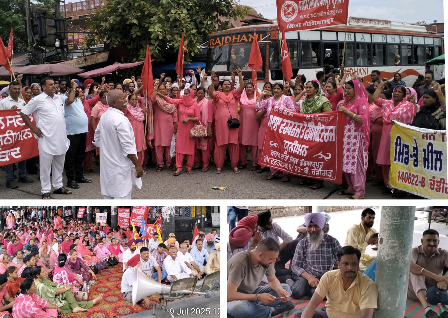 Employees, pensioners blocked the bus stand after a rally on the call of nationwide strike by central trade unions and employee federations.